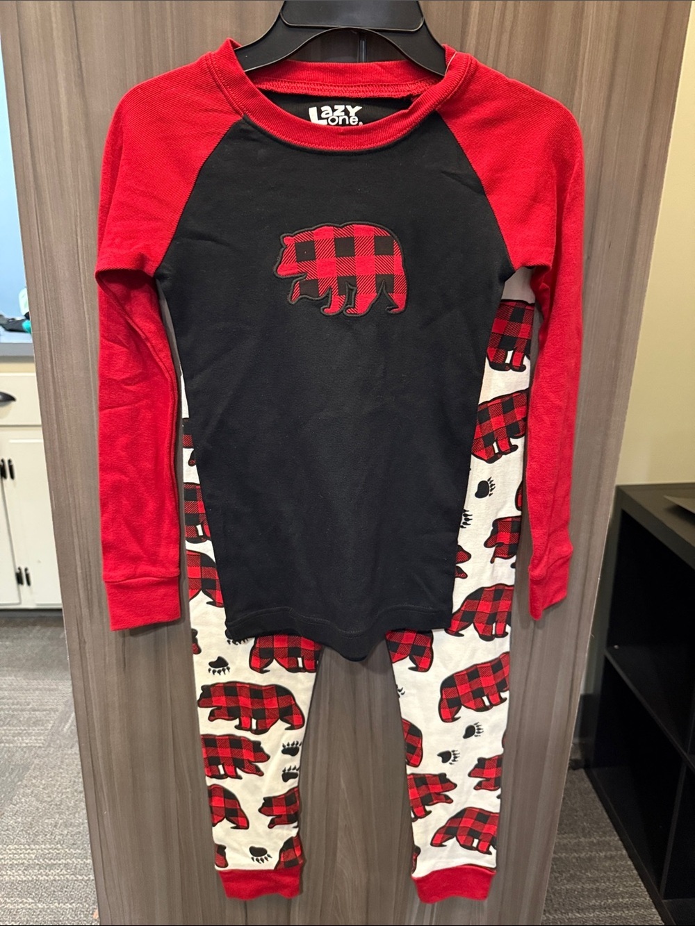 Lazy One Kids Red & Black Buffalo Plaid Bear Pajama Set with White Plaid Pants